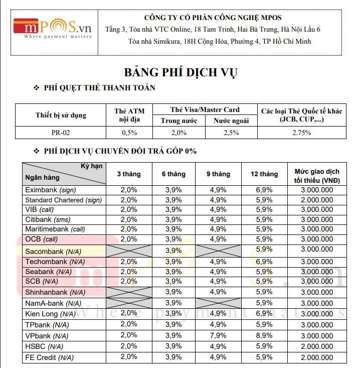 phí dịch vụ trả góp từng ngân hàng