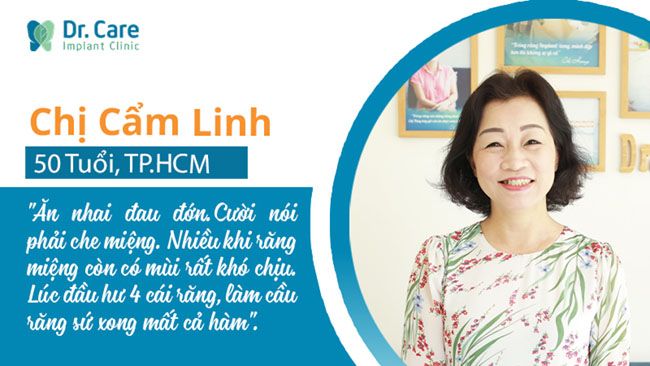 Cầu răng sứ không khắc phục được tình trạng mất răng mà thậm chí còn phá hủy toàn bộ răng thật còn lại của chị Cẩm Linh